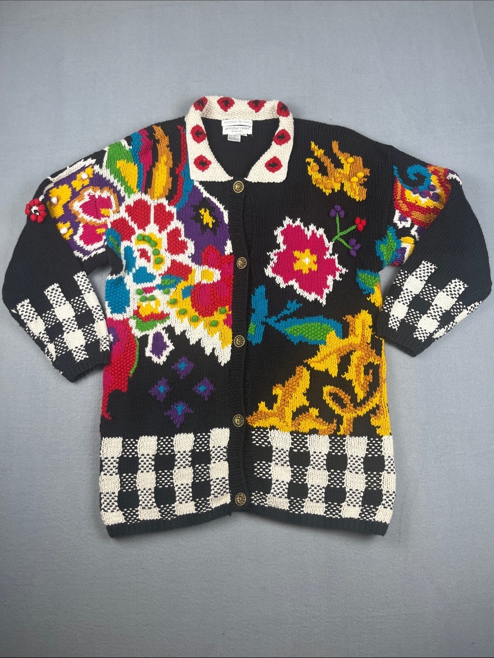 Vintage Hand-Knit Jennifer Reed Floral & Checkerboard  Cardigan 
Size: Small